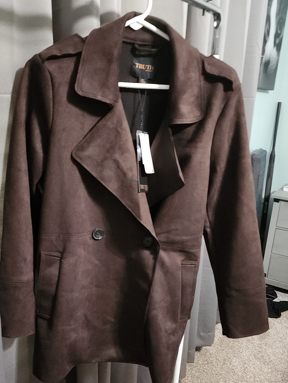 Truth Women's Dark Brown Double-Breasted Faux Suede Pea Coat